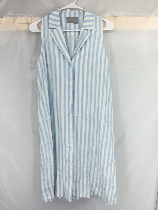 Everlane Women 4 The Linen Sleeveless Shirt Dress Blue White Stripe Nautical